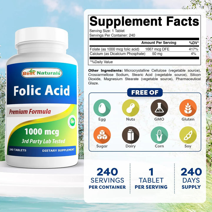 Ácido Fólico 1000 Mcg Vitamina B9 240 Tabletas Paquete Tres - Imagen 2