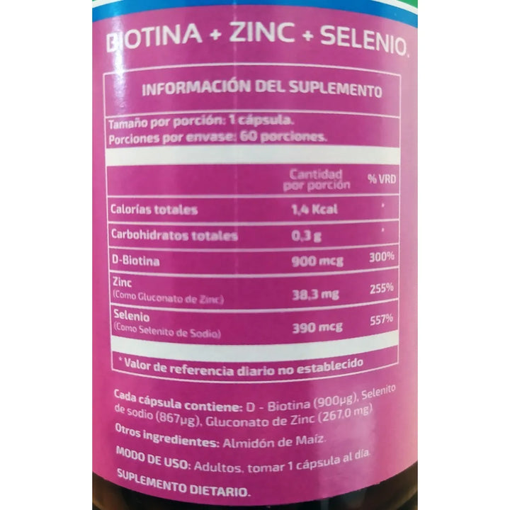 Biotina 900 Zinc Selenio 60 Capsulas - Imagen 2