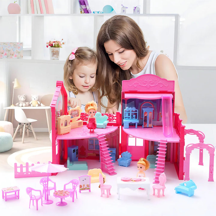 Casa De Muñecas Portátil Con Cuatro Habitaciones Dos Muñecas - Imagen 3