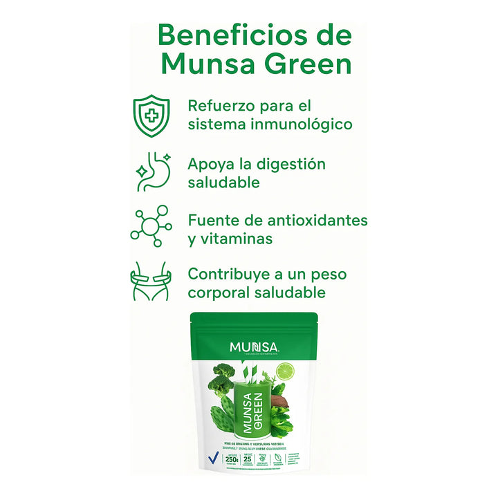 Munsa Green Mix De Frutas Y Verduras Verdes 250g Con Nopal Espinaca Brócoli Jengibre Limón Superfood Vegano Prebióticos Suplemento Saludable - Imagen 2