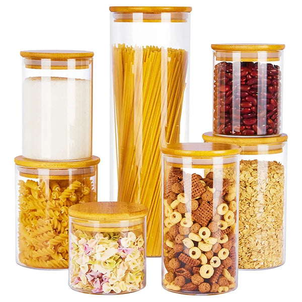 Vtopmart Tarros De Vidrio 7 Pack Hermeticos Tapas Bambu Almacenamiento Alimentos