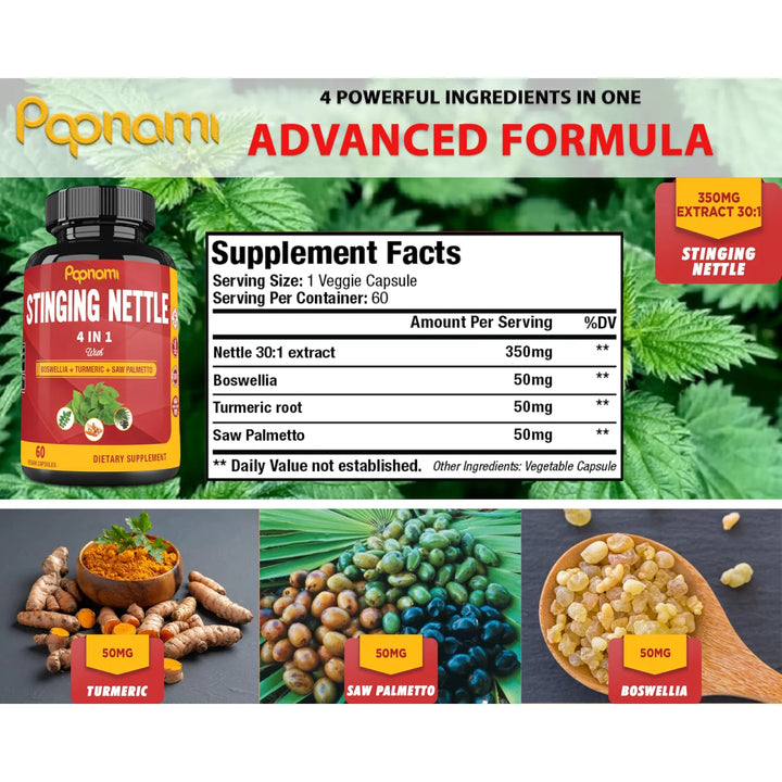 Cápsulas Extracto Ortiga Boswellia Cúrcuma Palma Enana Ameri - Imagen 2