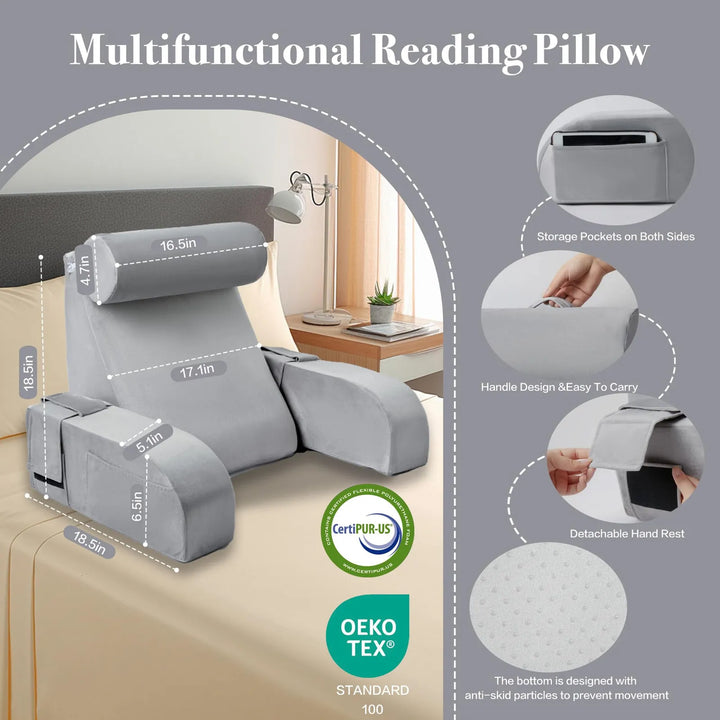Almohada De Lectura Multifuncional Gris Con Reposabrazos Y B Color - Imagen 4