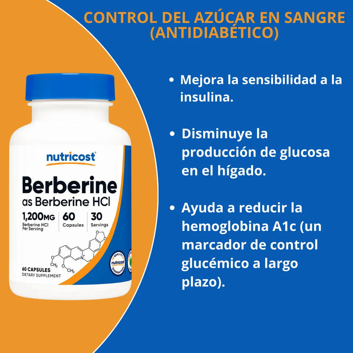 Berberina Berberine Hcl 1200mg 60 Cápsulas Suplemento Natural Control Glucosa Azúcar Colesterol Triglicéridos Energía Salud Digestiva Metabolismo Peso - Imagen 4