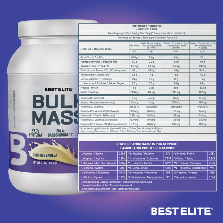 Proteina Hipercarolina Bulk Mass 3 Libras 3lb 3 Lb De Best Elite Mega Gainer Pro Smart Super - Imagen 3