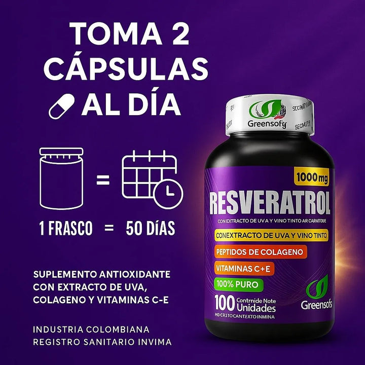 Resveratrol1000mg Con Colágeno Vitamina Cye Extracto De Uva Y Vino Tinto Antioxidante Natural Salud Celular Cardiovascular 100unidades Invima Original - Imagen 8