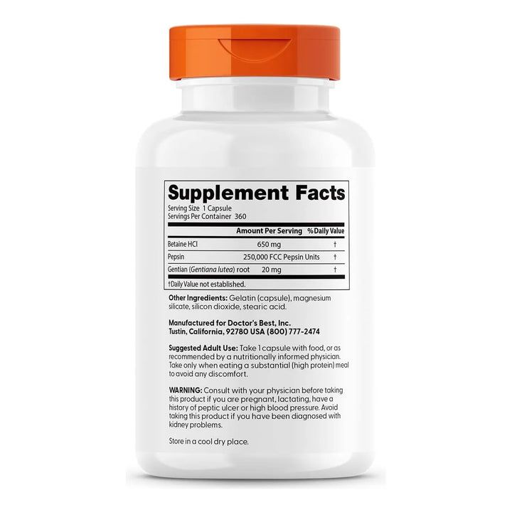 Betaine Hci Pepsin Y Gentian Bitters Doctors Best 360 Cap - Imagen 3