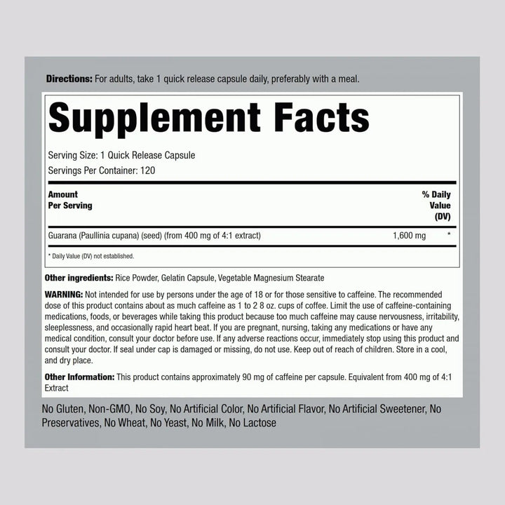 Cápsulas De Guaraná 1600 Mg 120 Unidades Extracto Mega Fuerz - Imagen 2