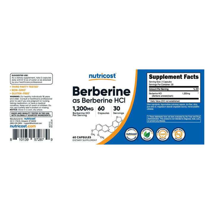 Berberina Berberine Hcl 1200mg 60 Cápsulas Suplemento Natural Control Glucosa Azúcar Colesterol Triglicéridos Energía Salud Digestiva Metabolismo Peso - Imagen 8