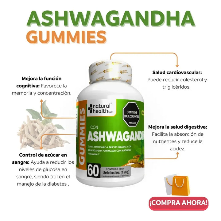 Ashwagandha Gummies Natural Health 60 Unidades Suplemento Para Estrés, Ansiedad, Energía, Concentración, Memoria, Digestión Y Control De Azúcar - Imagen 9