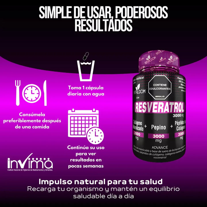 Resveratrol + Peptidos De Colageno Vitalcom Invima Original - Imagen 6