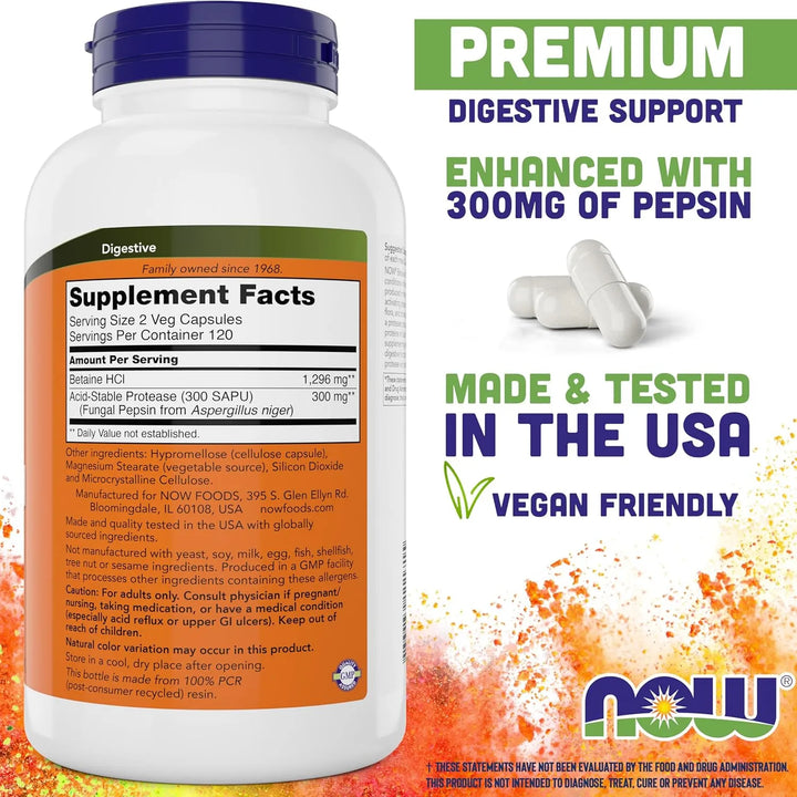 Betaína Hcl 648mg 240 Cápsulas Vegetales Con Pepsina Para Di - Imagen 2