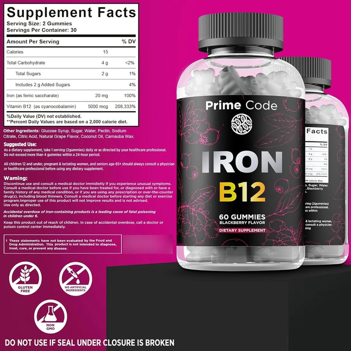 Gomitas De Hierro Con Vitamina B12 20 Mg Para Adultos Sabor - Imagen 2