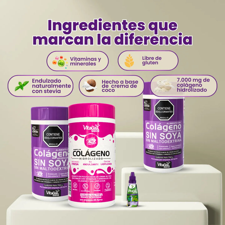 Kit Colágeno Hidrolizado Vitaliah Vainilla X2 + Fresa + Gotero Stevia 10ml - Imagen 4