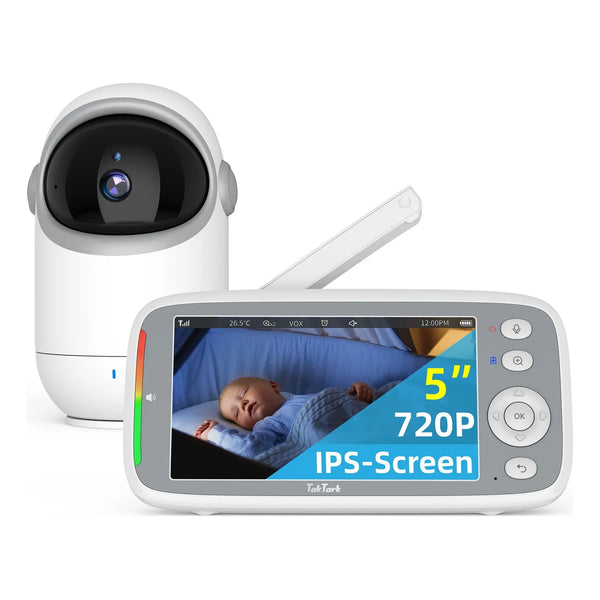 Monitor De Bebé Cámara HD 720P Pantalla IPS 5 Pulgadas Panorámica Inclinación Remota Audio 2 Vías Visión Nocturna