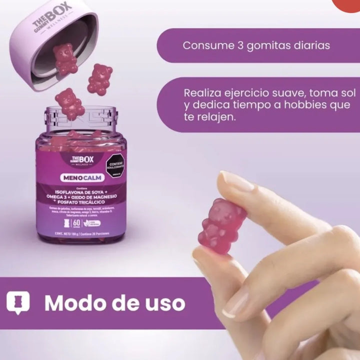 Gomitas Menocalm The Gummy Box X60 Con Isoflavonas De Soya Omega 3 Magnesio Y Calcio Bienestar Femenino Sin Azúcar - Imagen 3