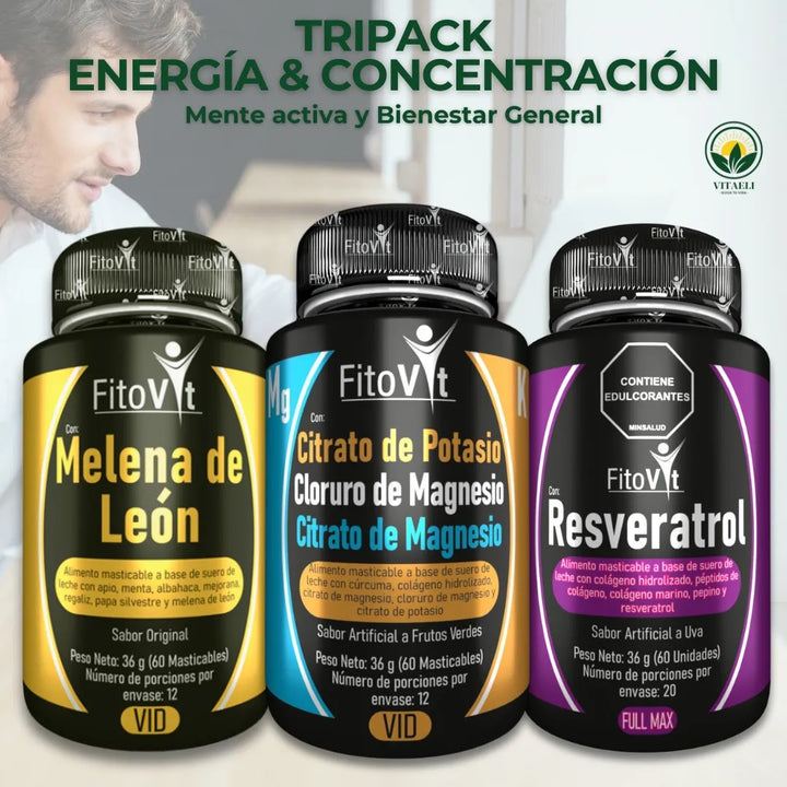 Melena De Leon Citratos De Magnesio Y Potasio Resveratrol Tripack Energía Y Concentración Original - Imagen 2