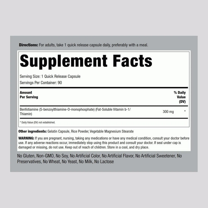 Benfotiamina 300mg 90 Cápsulas Vitamina B1 Soluble En Grasa - Imagen 2