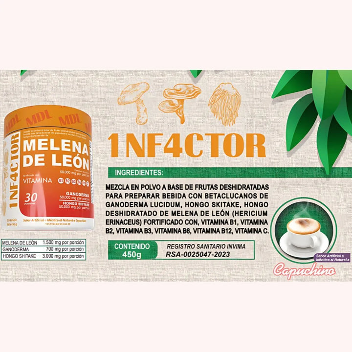 Melena De Leon Polvo + Ganoderma Lucidum + Hongo Chitake 450 Gramos Puro- Sabor Capuchino - Imagen 2