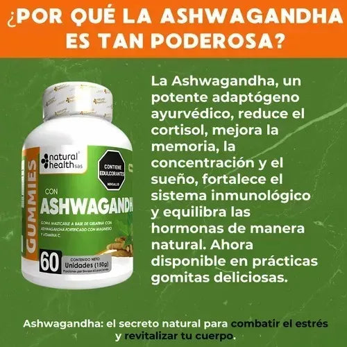 Ashwagandha Gummies Natural Health 60 Unidades Suplemento Para Estrés, Ansiedad, Energía, Concentración, Memoria, Digestión Y Control De Azúcar - Imagen 3