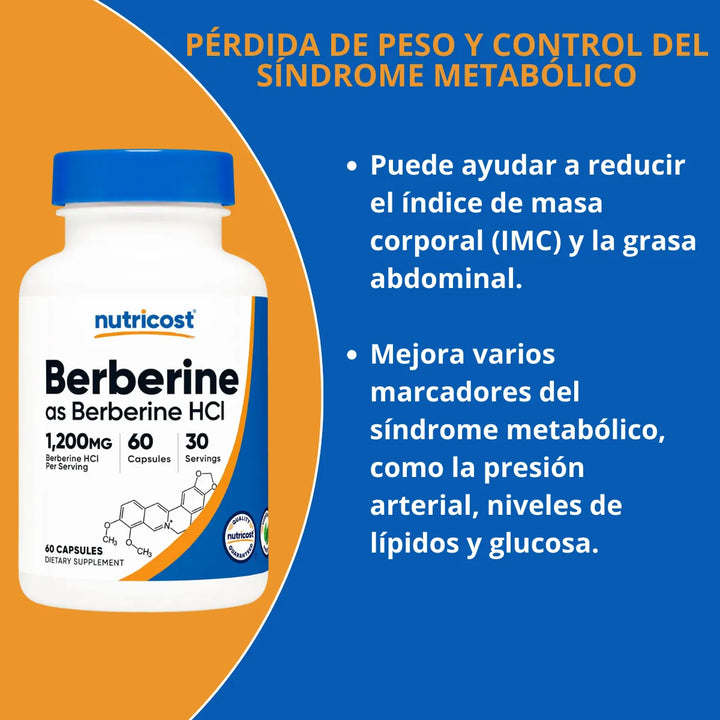 Berberina Berberine Hcl 1200mg 60 Cápsulas Suplemento Natural Control Glucosa Azúcar Colesterol Triglicéridos Energía Salud Digestiva Metabolismo Peso - Imagen 6