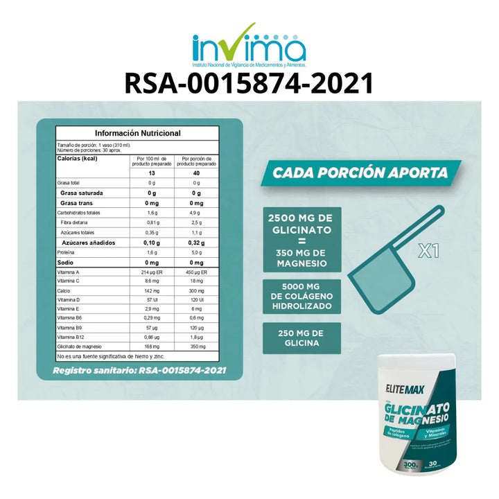 Glicinato Magnesio Polvo Colageno Hidrolizado X300g - Imagen 2