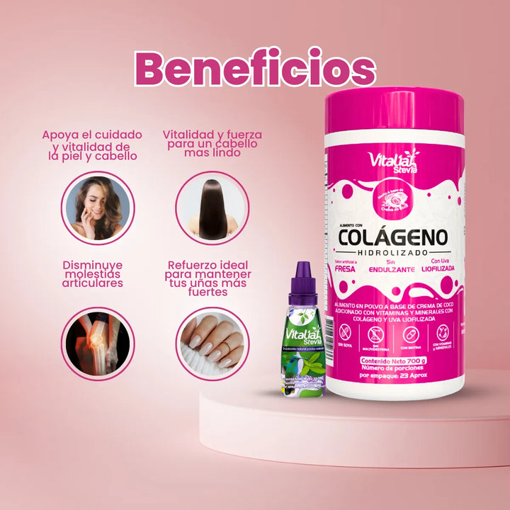 Colágeno Hidrolizado Fresa Vitaliah + Gotero De Stevia Natural 10ml - Imagen 2