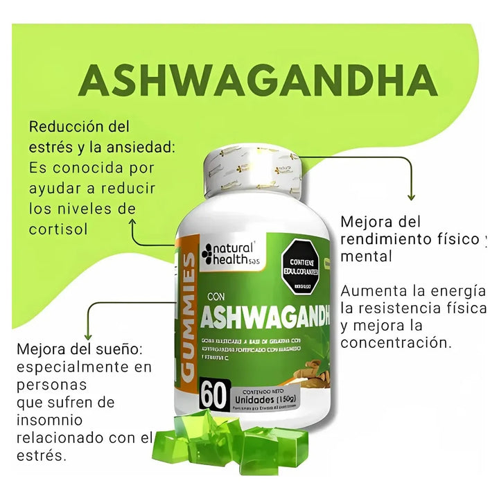 Ashwagandha Gummies Natural Health 60 Unidades Suplemento Para Estrés, Ansiedad, Energía, Concentración, Memoria, Digestión Y Control De Azúcar - Imagen 6