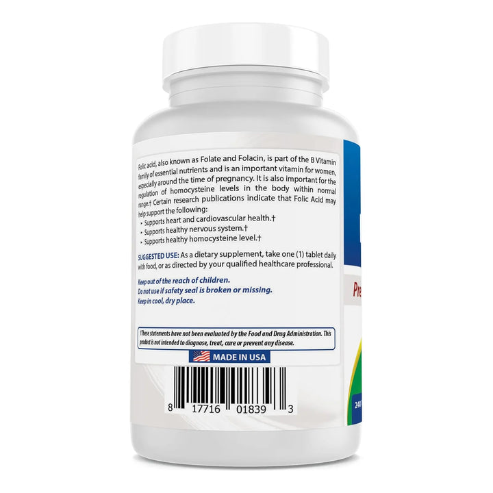 Ácido Fólico 1000 Mcg Vitamina B9 240 Tabletas Paquete Tres - Imagen 7
