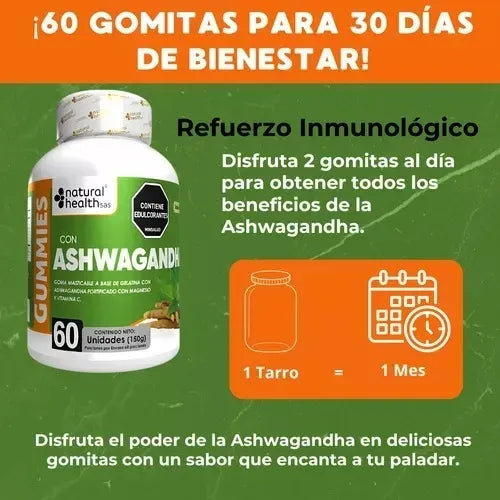 Ashwagandha Gummies Natural Health 60 Unidades Suplemento Para Estrés, Ansiedad, Energía, Concentración, Memoria, Digestión Y Control De Azúcar - Imagen 4