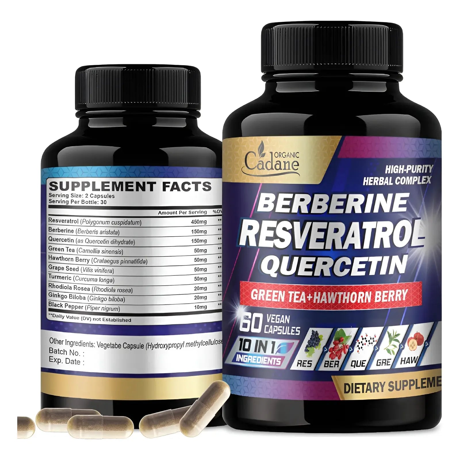 Resveratrol 10 En 1 Con Quercetina Berberina Té Verde Cadane 60 Cápsul ...