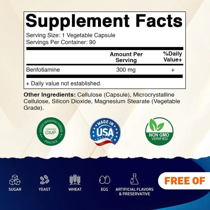 Benfotiamina 300 Mg 90 Cápsulas Vitamina B1 Soluble En Grasa - Imagen 2
