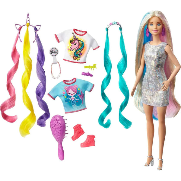 Muñeca Barbie Fantasy Hair Con Accesorios Sirena Y Unicornio Pelo Largo Rubio