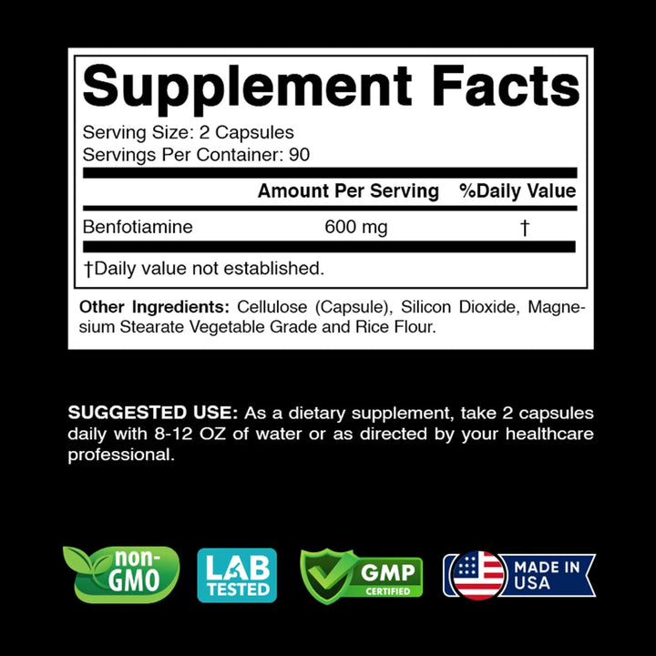 Benfotiamina 600mg 180 Cápsulas Vitamina Liposoluble - Imagen 2