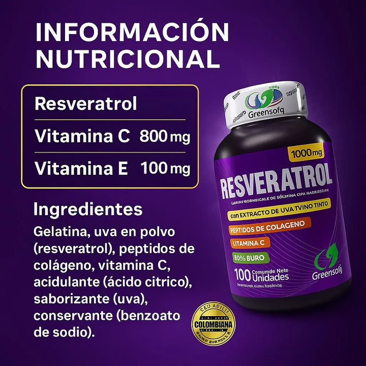 Resveratrol1000mg Con Colágeno Vitamina Cye Extracto De Uva Y Vino Tinto Antioxidante Natural Salud Celular Cardiovascular 100unidades Invima Original - Imagen 7