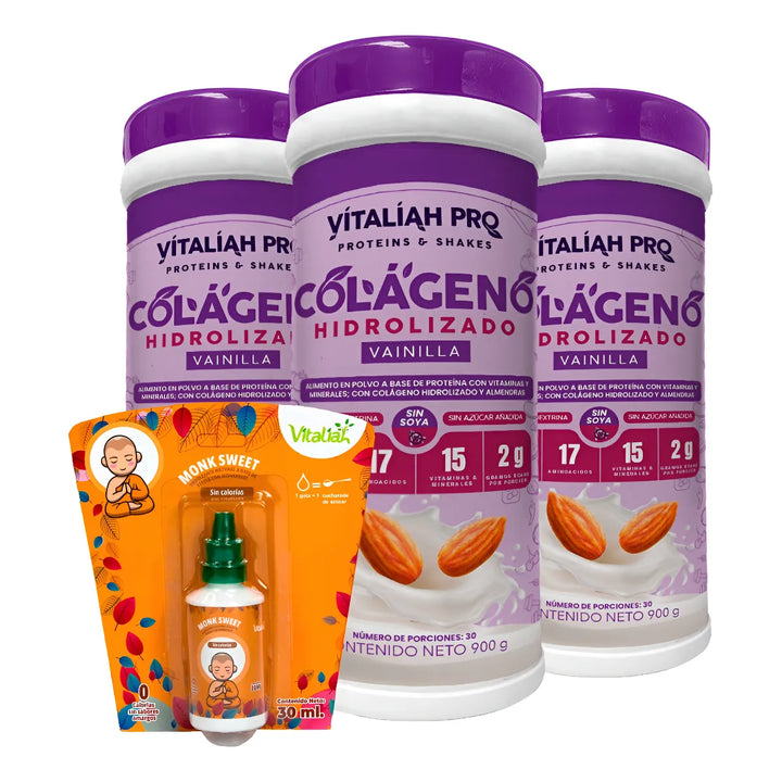Kit Colágeno Hidrolizado Vpro Vainilla Vitaliah X3 + Monk 30ml - Imagen 1