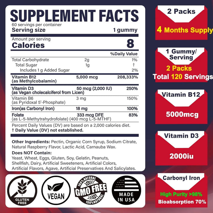 Gomitas De Hierro 18 Mg Con Vitamina B12 5000 Mcg Para Adult - Imagen 3