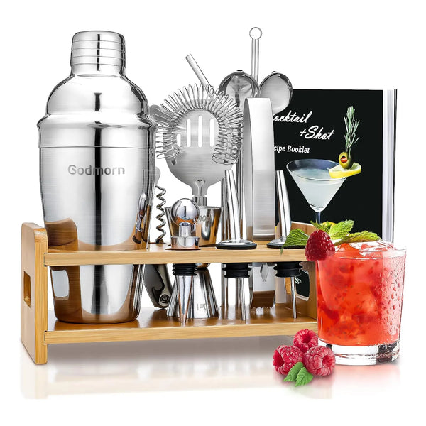 Kit De Cocteleria 15 Piezas Con Soporte Bambu Y Libro Recetas