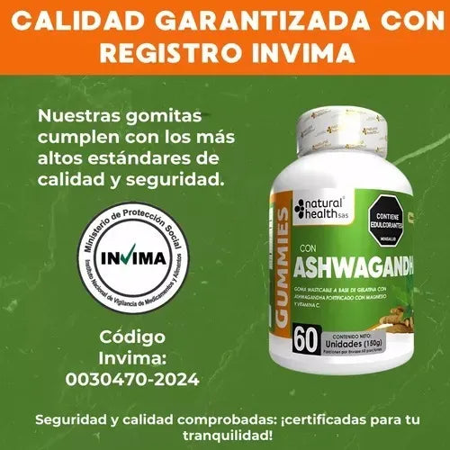Ashwagandha Gummies Natural Health 60 Unidades Suplemento Para Estrés, Ansiedad, Energía, Concentración, Memoria, Digestión Y Control De Azúcar - Imagen 2