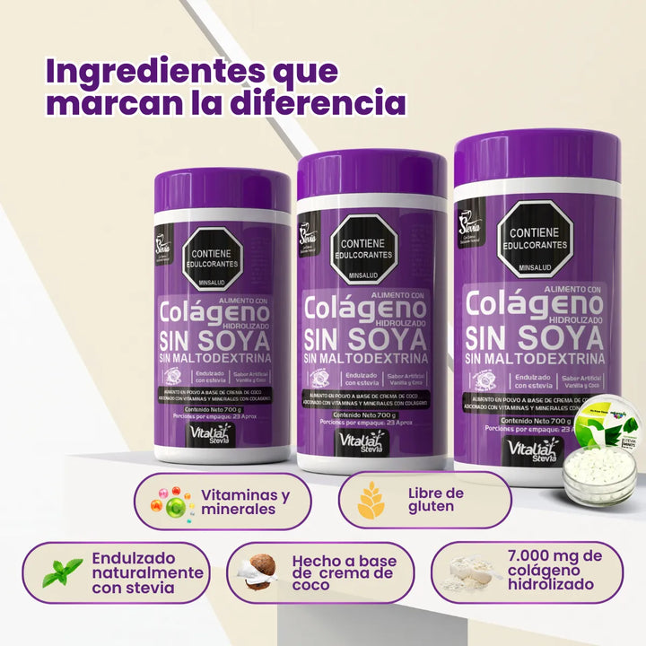 Kit Colágeno Hidrolizado Vitaliah Vainilla X3 + Mentas De Stevia - Imagen 5