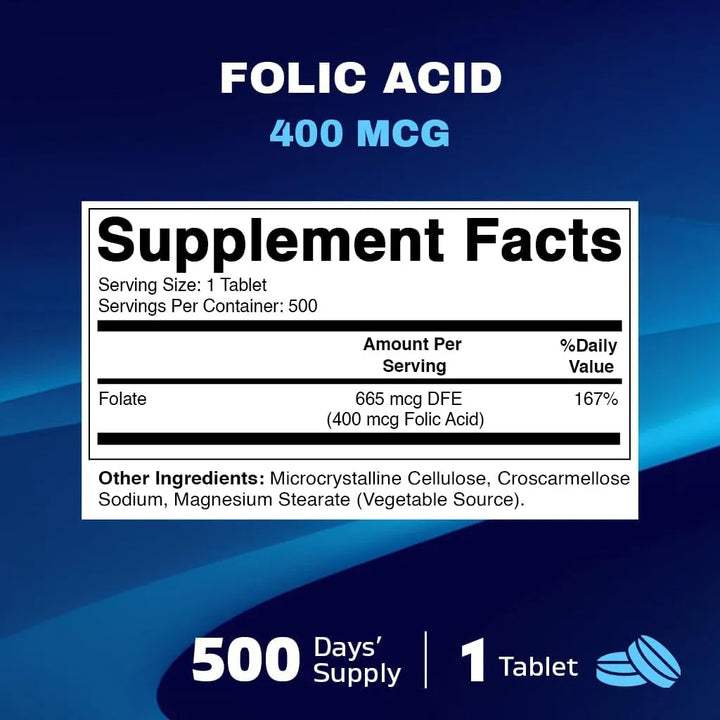 Ácido Fólico 400 Microgramos 500 Tabletas Vitamina B9 Essent - Imagen 2