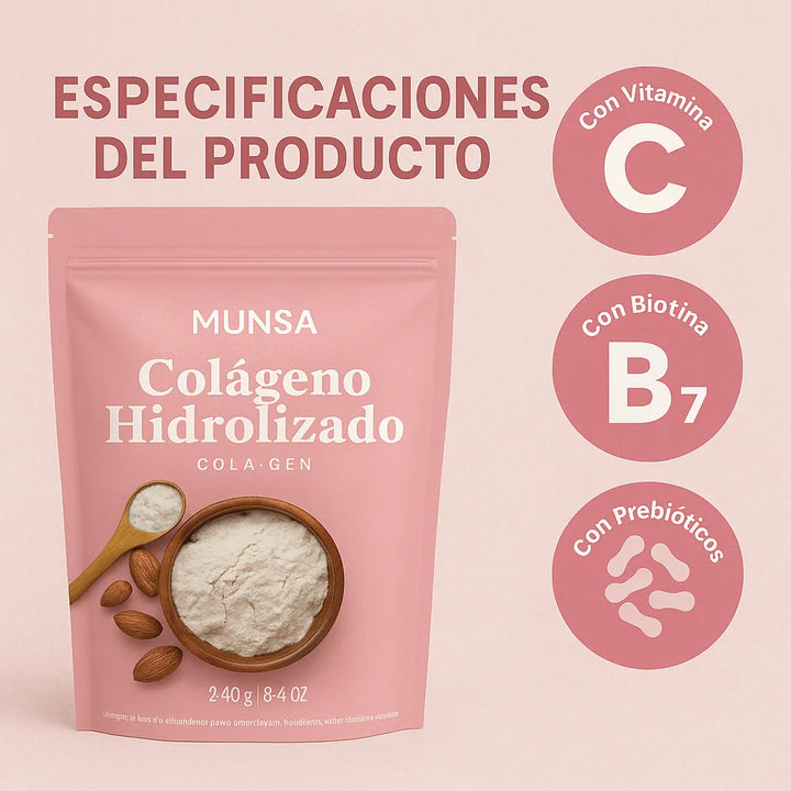 Colágeno Hidrolizado Munsa Con Vitamina C Biotina Calcio Y Prebióticos Suplemento Natural Para Piel Firme Cabello Radiante Y Articulaciones Fuertes - Imagen 3