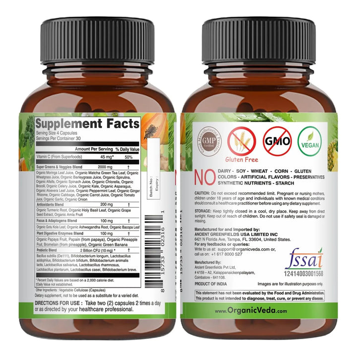 Cápsulas Orgánicas Super Greens 8 En 1 Con Moringa Té Verde - Imagen 2