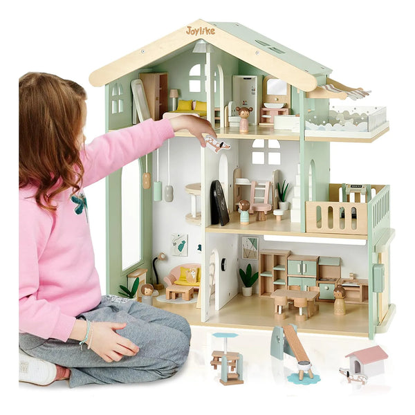 Casa De Muñecas De Madera Para Niños Con 53 Piezas Figuras Y Accesorios
