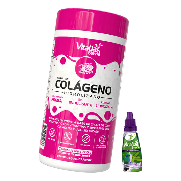 Colágeno Hidrolizado Fresa Vitaliah + Gotero De Stevia Natural 10ml - Imagen 1