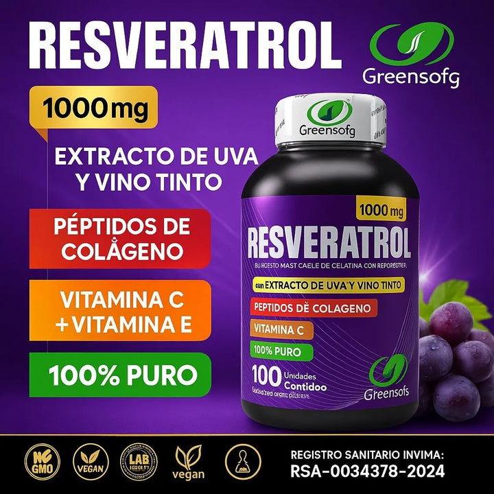 Resveratrol1000mg Con Colágeno Vitamina Cye Extracto De Uva Y Vino Tinto Antioxidante Natural Salud Celular Cardiovascular 100unidades Invima Original - Imagen 2