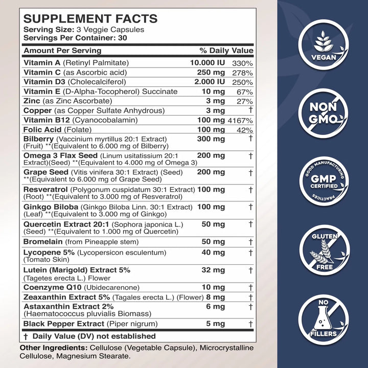 Luteína Zeaxantina Astaxantina Omega 3 Resveratrol Arándano - Imagen 2