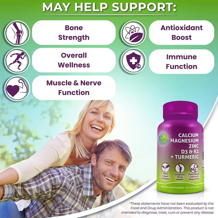 Calcio Vegetal 500 Mg Magnesio Zinc D3 Vitamina K2 Cúrcuma O - Imagen 2