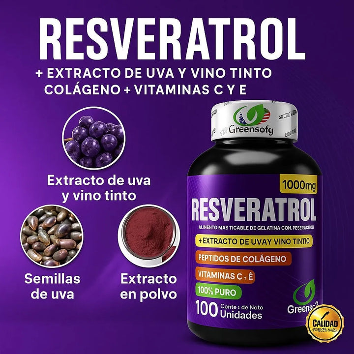 Resveratrol1000mg Con Colágeno Vitamina Cye Extracto De Uva Y Vino Tinto Antioxidante Natural Salud Celular Cardiovascular 100unidades Invima Original - Imagen 3