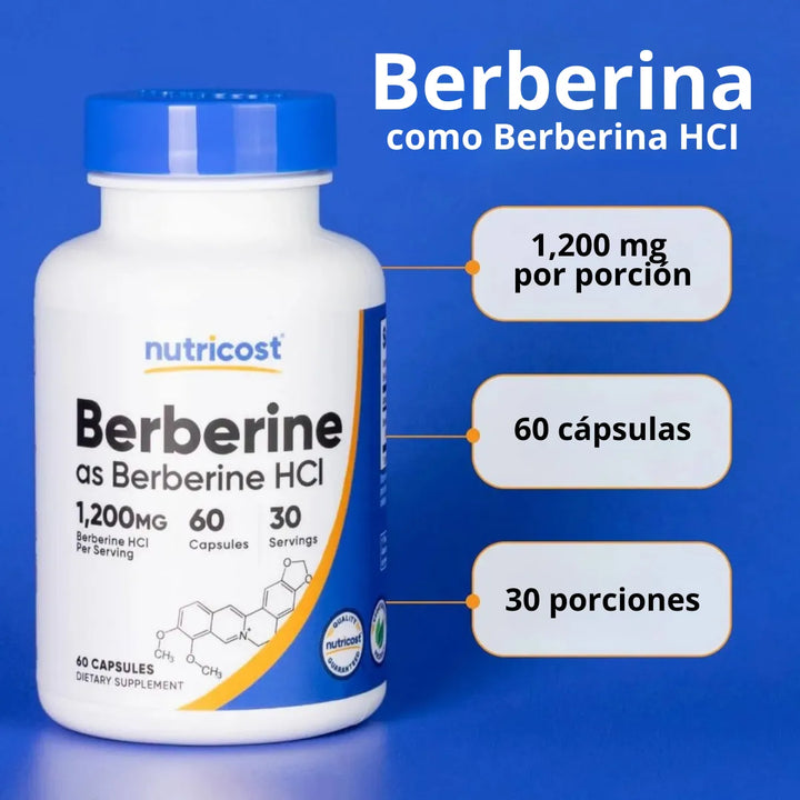 Berberina Berberine Hcl 1200mg 60 Cápsulas Suplemento Natural Control Glucosa Azúcar Colesterol Triglicéridos Energía Salud Digestiva Metabolismo Peso - Imagen 3